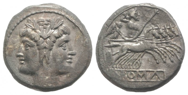 Anonymous, Rome, c. 225-212 BC. AR Quadrigatus (18.5mm, 5.12g, 12h). Laureate he...
