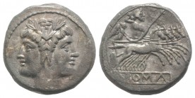 Anonymous, Rome, c. 225-212 BC. AR Quadrigatus (18.5mm, 5.12g, 12h). Laureate head of Janus. R/ Jupiter, holding sceptre and thunderbolt, in quadriga ...