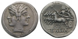 Anonymous, Rome, c. 225-214 BC. AR Drachm – Half Quadrigatus (17.5mm, 3.31g, 6h). Laureate head of Janus. R/ Jupiter driving quadriga l., holding scep...