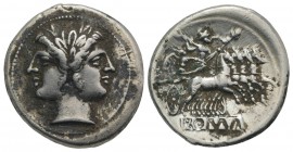Anonymous, Rome, c. 225-212 BC. AR Quadrigatus (23.5mm, 6.72g, 6h). Laureate head of Janus. R/ Jupiter, holding sceptre and thunderbolt, in quadriga d...