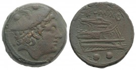 Anonymous, Rome, 217-215 BC. Æ Sextans (29mm, 27.74g, 3h). Head of Mercury r., wearing winged petasus. R/ Prow r. Crawford 38/5; RBW 96-7. VF