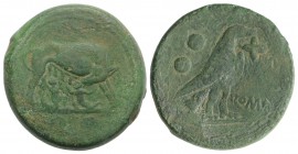 Anonymous, Rome, c. 217-215 BC. Æ Sextans (29mm, 27.88g, 6h). She-wolf standing r., head l., suckling the twins. R/ Eagle standing r., holding flower ...