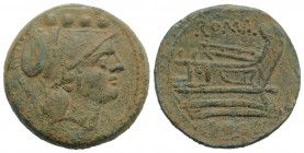 Anonymous, Rome, c. 215-212 BC. Æ Triens (29mm, 19.74g, 11h). Helmeted head of Minerva r. R/ Prow r. Crawford 41/7b; RBW 126. Green patina, Good VF