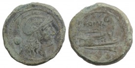 Anonymous, Rome, c. 215-212 BC. Æ Uncia (22mm, 6.98g, 12h). Helmeted head of Roma r. R/ Prow of galley r. Crawford 41/10; RBW 135. Green patina, Good ...