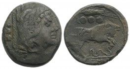 Anonymous, Sicily, c. 214 BC. Æ Quadrans (29mm, 14.68g, 9h). Head of Hercules r., wearing lion skin. R/ Bull charging r.; grain ear above, serpent bel...