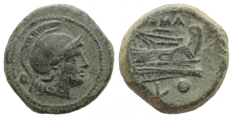 L series, Luceria, c. 214-212 BC. Æ Uncia (19mm, 6.55g, 3h). Helmeted head of Ro...