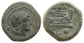 L series, Luceria, c. 214-212 BC. Æ Uncia (19mm, 6.55g, 3h). Helmeted head of Roma r. R/ Prow right; L and pellet below. Crawford 43/5; RBW 156. Green...