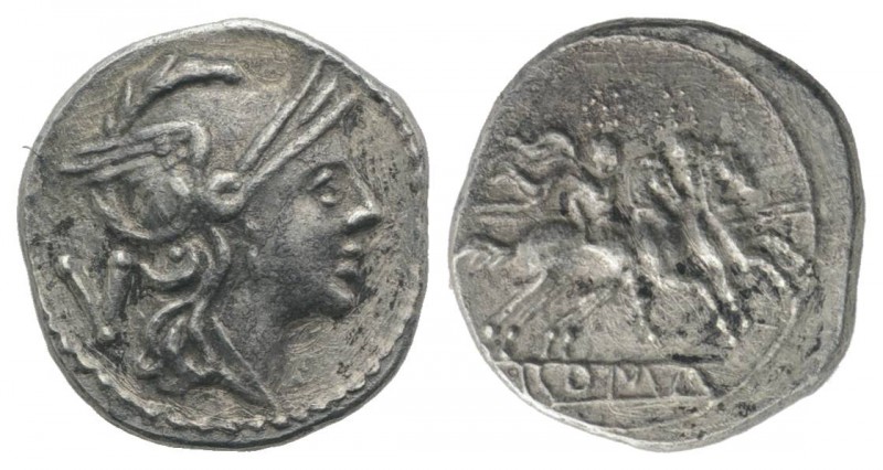 Anonymous, Rome, 211-208 BC. AR Quinarius (14mm, 1.78g, 6h). Helmeted head of Ro...
