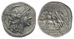 Anonymous, Rome, 211-208 BC. AR Quinarius (14mm, 1.78g, 6h). Helmeted head of Roma r. R/ Dioscuri on horseback riding r., each holding transverse spea...