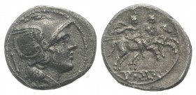 Anonymous, Rome, 211-208 BC. AR Quinarius (14mm, 1.80g, 6h). Helmeted head of Roma r. R/ Dioscuri on horseback riding r., each holding transverse spea...