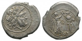 Anonymous, Rome, after 211 BC. AR Victoriatus (18mm, 3.46g, 8h). Laureate head of Jupiter r. R/ Victory standing r., crowning trophy. Crawford 53/1; R...