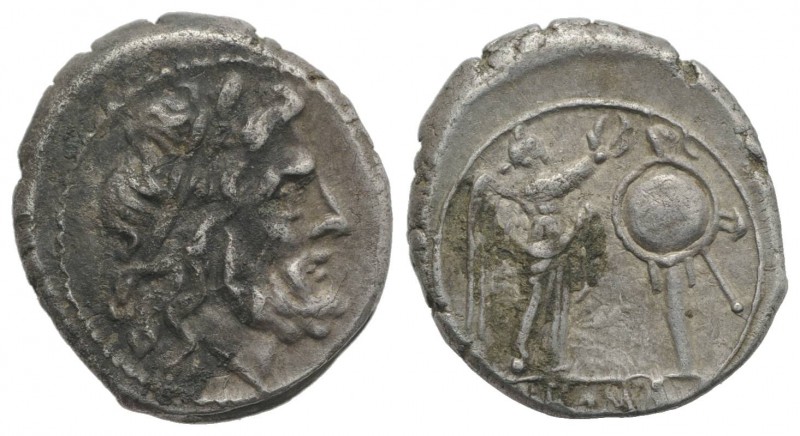 Anonymous, Rome, after 211 BC. AR Victoriatus (16mm, 2.78g, 1h). Laureate head o...