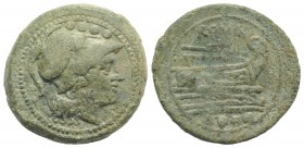 Anonymous, Rome, after 211 BC. Æ Triens (27mm, 13.96g, 1h). Helmeted head of Minerva r. R/ Prow of galley r. Crawford 56/4; RBW 206. Green patina, VF ...