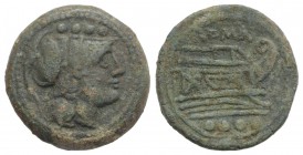 Anonymous, Rome, after 211 BC. Æ Triens (25mm, 11.35g, 6h). Helmeted head of Minerva r. R/ Prow of galley r. Crawford 56/4; RBW 206. Green patina, nea...