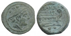 Anonymous, Rome, after 211 BC. Æ Sextans (21mm, 6.41g, 3h). Head of Mercury r. wearing winged petasus. R/ Prow of galley r. Crawford 56/6; RBW 212. Gr...
