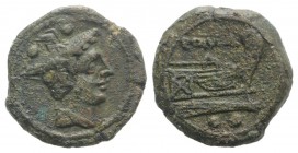 Anonymous, Sardinia, after 211 BC. Æ Sextans (18mm, 4.73g, 11h). Head of Mercury r. wearing winged petasus. R/ Prow of galley r. Crawford 56/6; RBW 21...