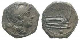 Anonymous, Rome, after 211 BC. Æ Uncia (16mm, 3.69g, 3h). Helmeted head of Roma r. R/ Prow of galley r. Crawford 56/7; RBW 215. Near EF