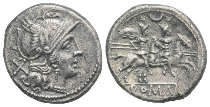 Crescent series, Rome, 207 BC. AR Denarius (19mm, 4.08g, 9h). Helmeted head of R...