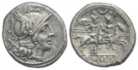 Crescent series, Rome, 207 BC. AR Denarius (19mm, 4.08g, 9h). Helmeted head of Roma r. R/ Dioscuri on horseback riding r.; crescent between the riders...