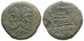 Branch series, Sicily, 209-208 BC. Æ As (36.5mm, 48.23g, 12h). Laureate head of bearded Janus; I above. R/ Prow of galley r.; I to r., laurel branch a...