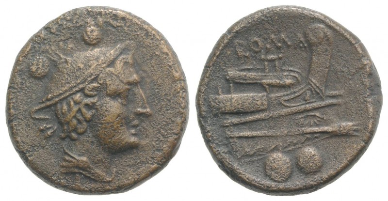 V series, Southeast Italy, c. 211-210 BC. Æ Sextans (24mm, 9.34g, 5h). Head of M...