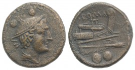 V series, Southeast Italy, c. 211-210 BC. Æ Sextans (24mm, 9.34g, 5h). Head of Mercury r. wearing winged petasus. R/ Prow of galley r.; V to r. Crawfo...