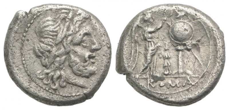 Club series, Southeast Italy, 208 BC. AR Victoriatus (16mm, 2.65g, 6h). Laureate...