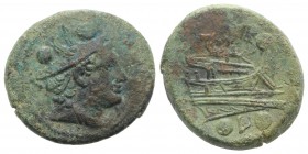 Anonymous, Luceria, 211-208 BC. Æ Sextans (25mm, 9.95g, 11h). Draped bust of Hermes r., wearing petasus. R/ Prow r.; below, L between two pellets. Cra...