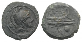 Anonymous, Luceria, 211-208 BC. Æ Uncia (16mm, 3.20g, 1h). Helmeted head of Roma r. R/ Prow right; L and pellet below. Crawford 97/15; RBW 410. Rare, ...