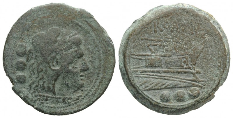 Staff and club series, Etruria (?), 208 BC. Æ Quadrans (29mm, 17.28g, 12h). Head...