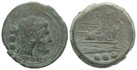 Staff and club series, Etruria (?), 208 BC. Æ Quadrans (29mm, 17.28g, 12h). Head of Hercules r., wearing lion’s skin. R/ Prow of galley r.; horizontal...