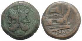 Rostrum tridens series, Rome, 206-195 BC. Æ As (34.5mm, 34.03g, 6h). Laureate head of bearded Janus; I above. R/ Prow of galley r.; rostrum tridens an...
