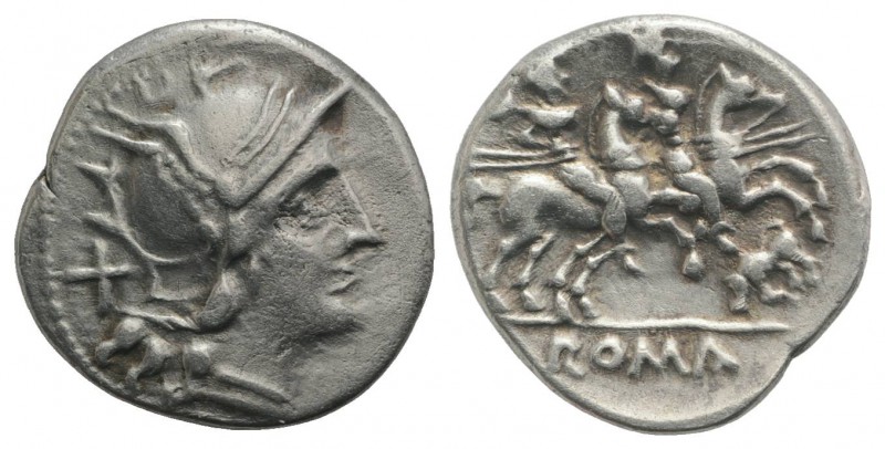 Bull series, Rome, 206-195 BC. AR Denarius (17mm, 3.37g, 9h). Helmeted head of R...