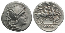 Bull series, Rome, 206-195 BC. AR Denarius (17mm, 3.37g, 9h). Helmeted head of Roma r. R/ The Dioscuri riding r.; bull butting l. below. Crawford 116/...