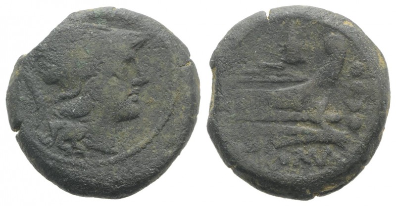 Meta series, Rome, c. 206-195. Æ Triens (23mm, 11.32g, 4h). Helmeted head of Min...