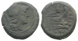 Meta series, Rome, c. 206-195. Æ Triens (23mm, 11.32g, 4h). Helmeted head of Minerva r. R/ Prow r.; meta above. Crawford 124/5; RBW 572. Extremely Rar...