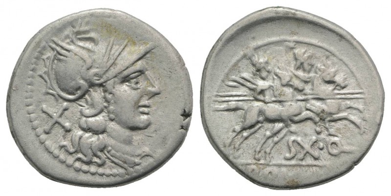 Sex. Quinctilius, Rome, 189-180 BC. AR Denarius (19mm, 3.74g, 6h). Helmeted head...
