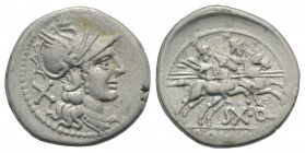 Sex. Quinctilius, Rome, 189-180 BC. AR Denarius (19mm, 3.74g, 6h). Helmeted head of Roma r. R/ The Dioscuri riding r.; SX • Q below. Crawford 152/1b; ...