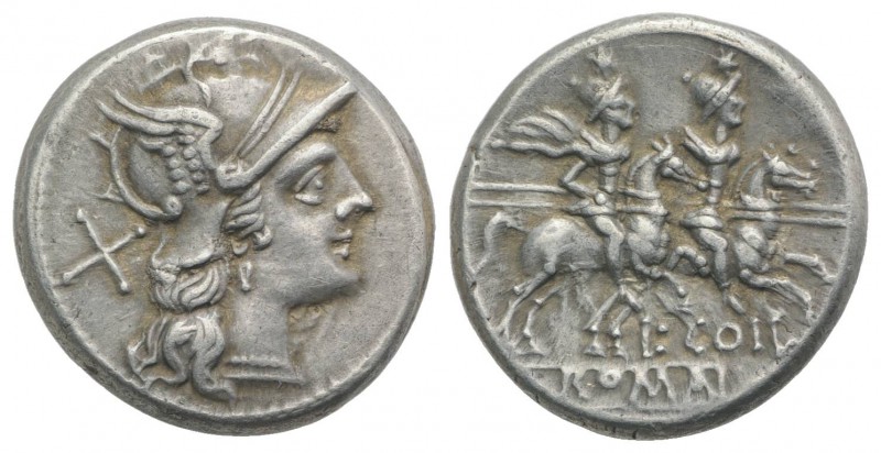 L. Coelius, Rome, 189-180 BC. AR Denarius (18mm, 4.11g, 12h). Helmeted head of R...