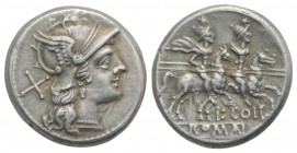 L. Coelius, Rome, 189-180 BC. AR Denarius (18mm, 4.11g, 12h). Helmeted head of Roma r. R/ The Dioscuri riding r. Crawford 154/1; RBW 682; RSC Coelia 1...