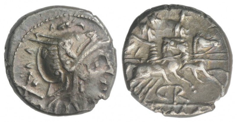 GR series, Uncertain mint, 199-170 BC. AR Denarius (17.5mm, 4.21g, 3h). Helmeted...