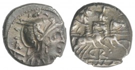 GR series, Uncertain mint, 199-170 BC. AR Denarius (17.5mm, 4.21g, 3h). Helmeted head of Roma r. R/ The Dioscuri, each holding spear, on horseback r.;...