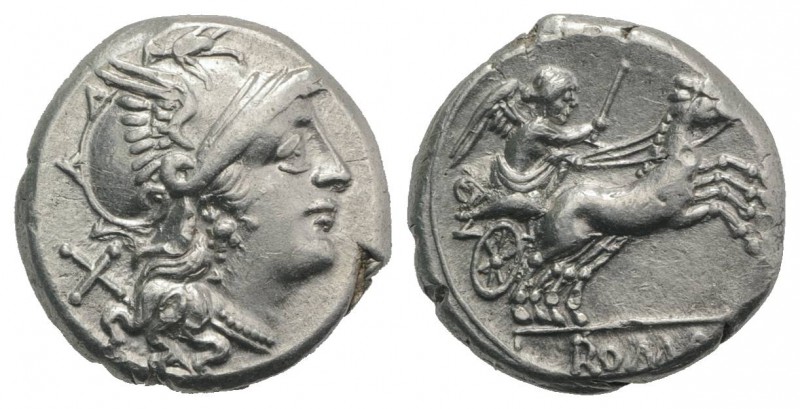 Anonymous, Rome, c. 157/6 BC. AR Denarius (16.5mm, 4.15g, 9h). Helmeted head of ...