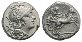 Anonymous, Rome, c. 157/6 BC. AR Denarius (16.5mm, 4.15g, 9h). Helmeted head of Roma r. R/ Victory driving biga r. Crawford 197/1a; RBW 846; RSC 6. Go...