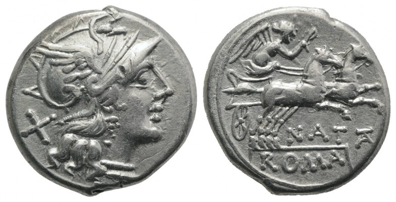 Pinarius Natta, Rome, 155 BC. AR Denarius (17mm, 3.92g, 11h). Head of Roma r. R/...