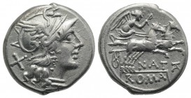Pinarius Natta, Rome, 155 BC. AR Denarius (17mm, 3.92g, 11h). Head of Roma r. R/ Victory driving galloping biga r., holding whip and reins; NAT below....