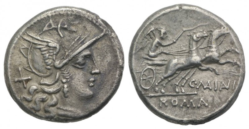 C. Maianius, Rome, 153 BC. AR Denarius (18mm, 3.78g, 5h). Helmeted head of Roma ...