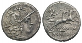 C. Maianius, Rome, 153 BC. AR Denarius (18mm, 3.78g, 5h). Helmeted head of Roma r. R/ Victory driving biga r., holding reins and whip. Crawford 203/1a...