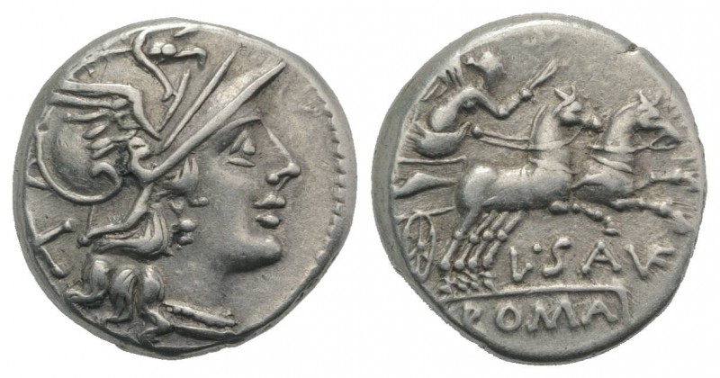 L. Saufeius, Rome, 152 BC. AR Denarius (16mm, 3.75g, 3h). Helmeted head of Roma ...