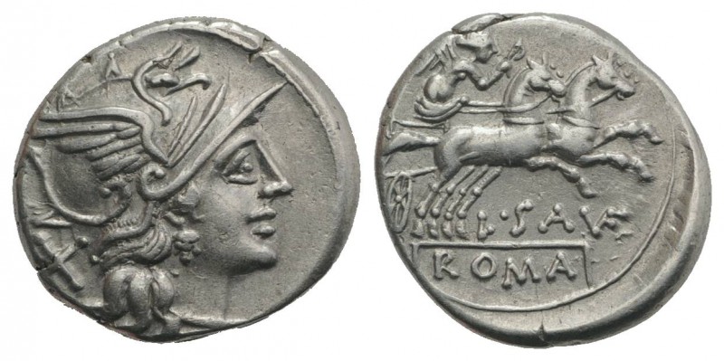 L. Saufeius, Rome, 152 BC. AR Denarius (18mm, 4.00g, 6h). Helmeted head of Roma ...